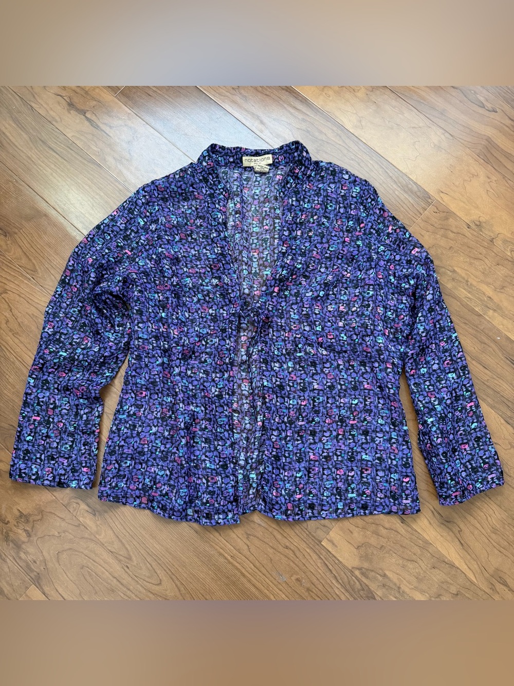 Vintage Sheer Purple Floral Blouse Bow Front Whimsy Festival XL Sexy Top